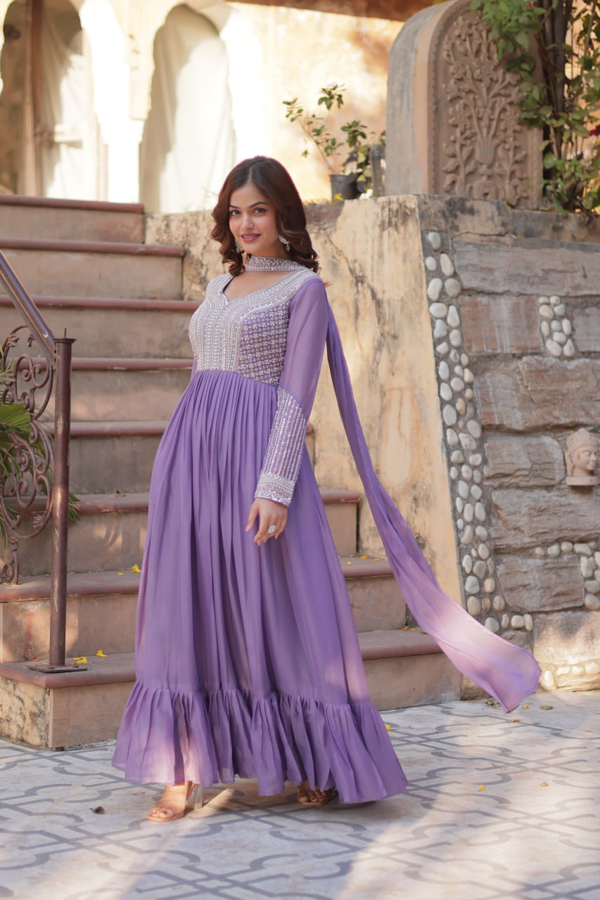 PREMIUM DESIGNER READYMADE PURPLE GOWN STAR GEORGETTE WITH EMBROIDERY BEADS SEQUINS-WORK