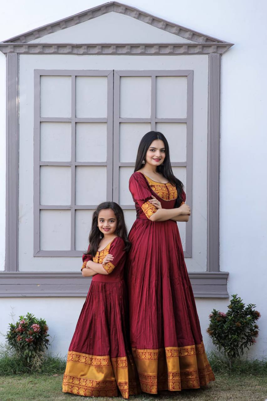 PREMIUM DESIGNER READYMADE MOM-DAUGHTER MAROON GOWN COLLECTIONS.