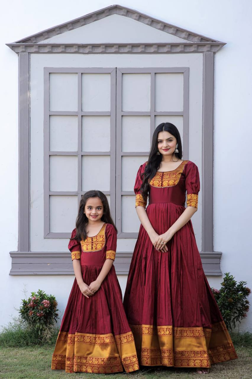 PREMIUM DESIGNER READYMADE MOM-DAUGHTER MAROON GOWN COLLECTIONS.