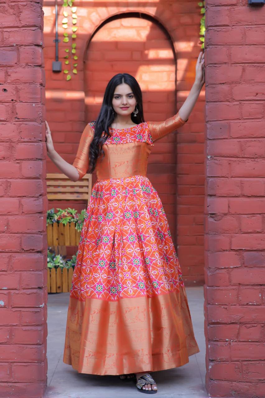 PREMIUM DESIGNER READYMADE SILK ORANGE GOWN COLLECTIONS. ❤️