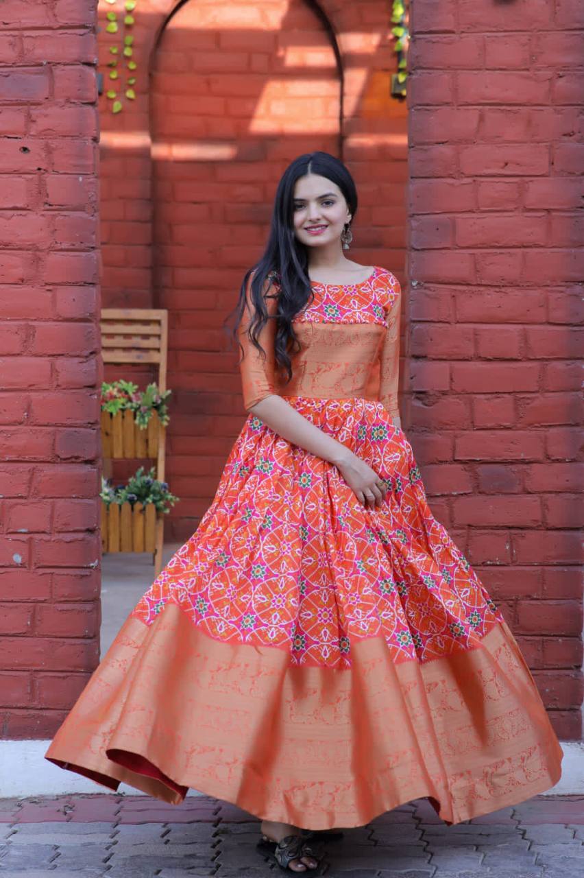 PREMIUM DESIGNER READYMADE SILK ORANGE GOWN COLLECTIONS. ❤️