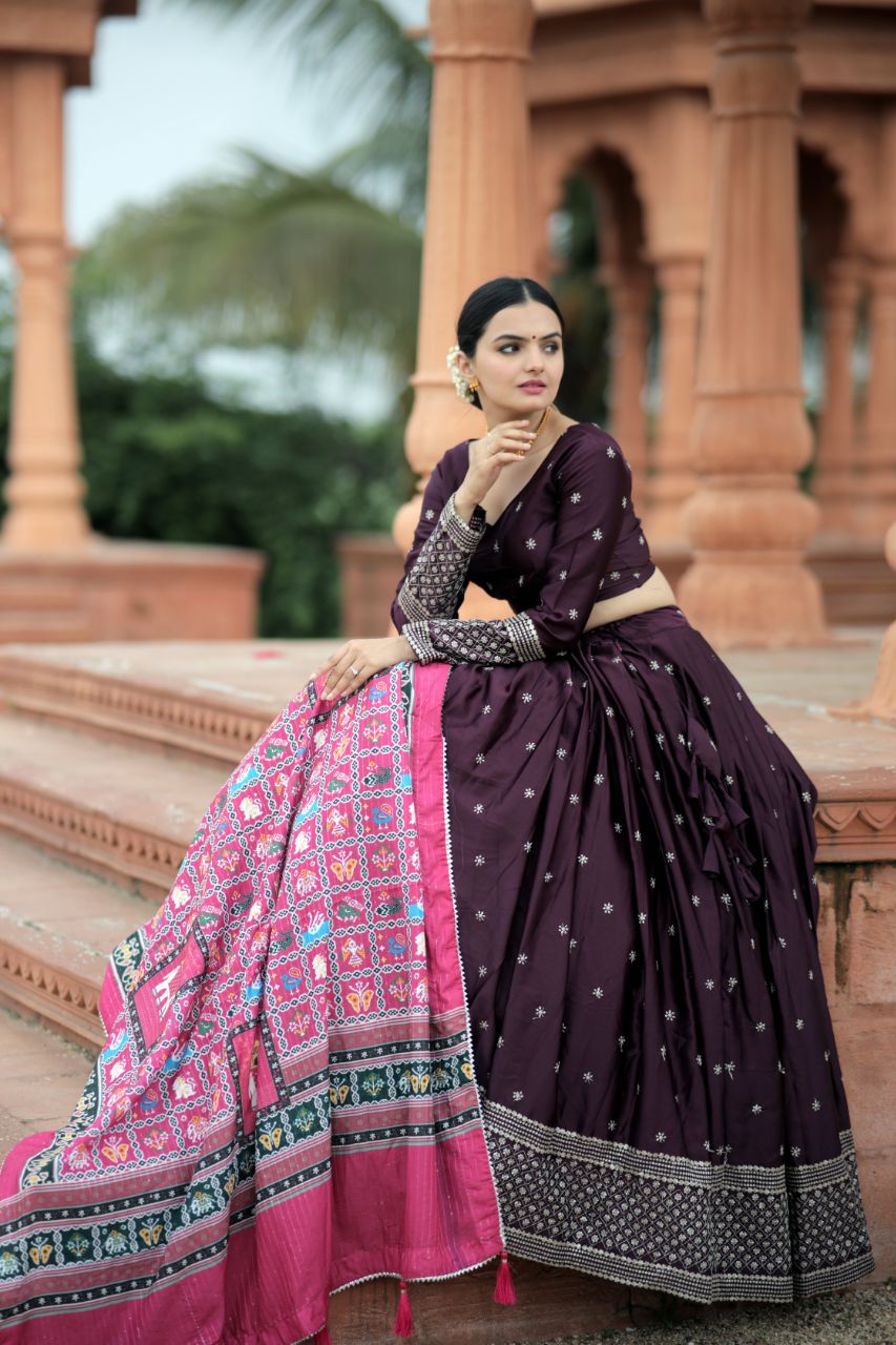 Myra Silk PURPLE Lehenga With Maslin Crochet Printed Dupatta set