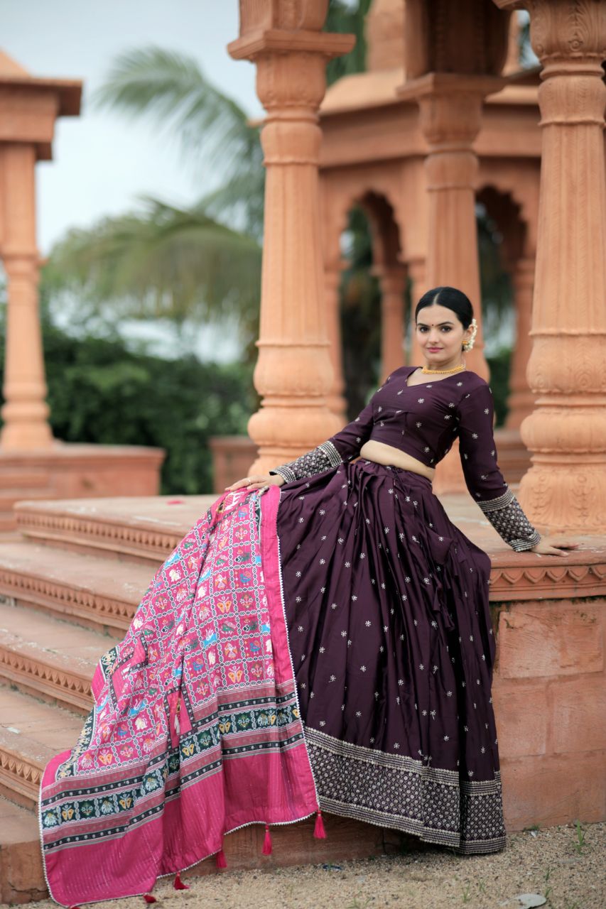 Myra Silk PURPLE Lehenga With Maslin Crochet Printed Dupatta set