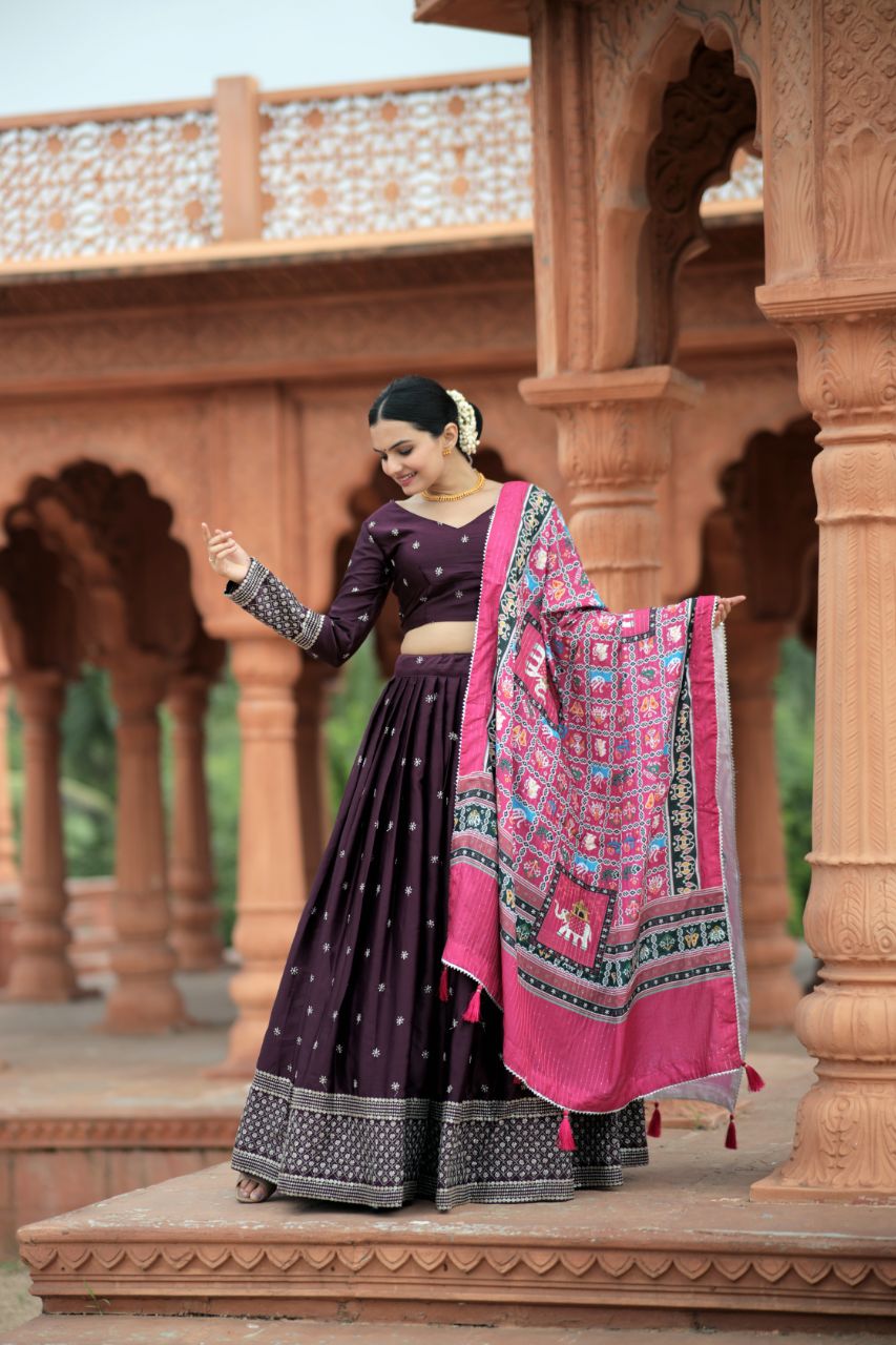 Myra Silk PURPLE Lehenga With Maslin Crochet Printed Dupatta set