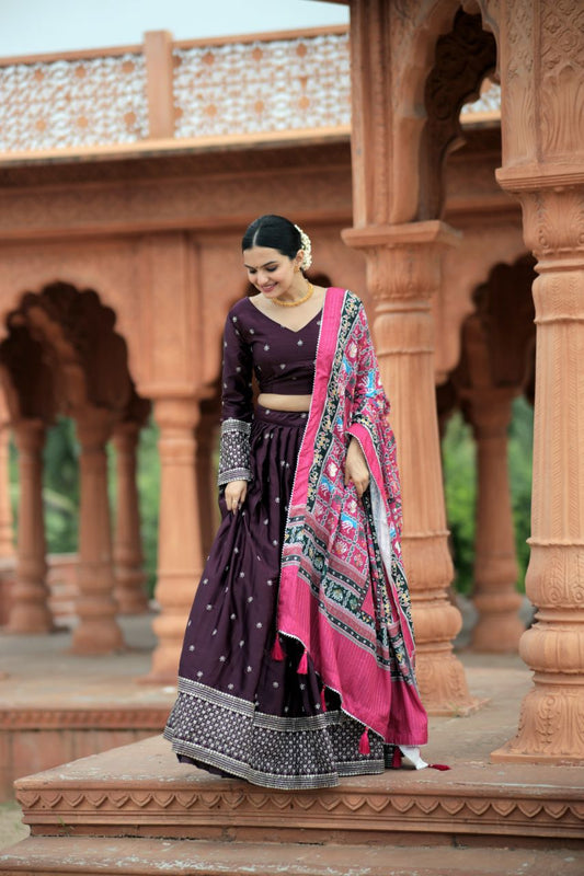 Myra Silk PURPLE Lehenga With Maslin Crochet Printed Dupatta set