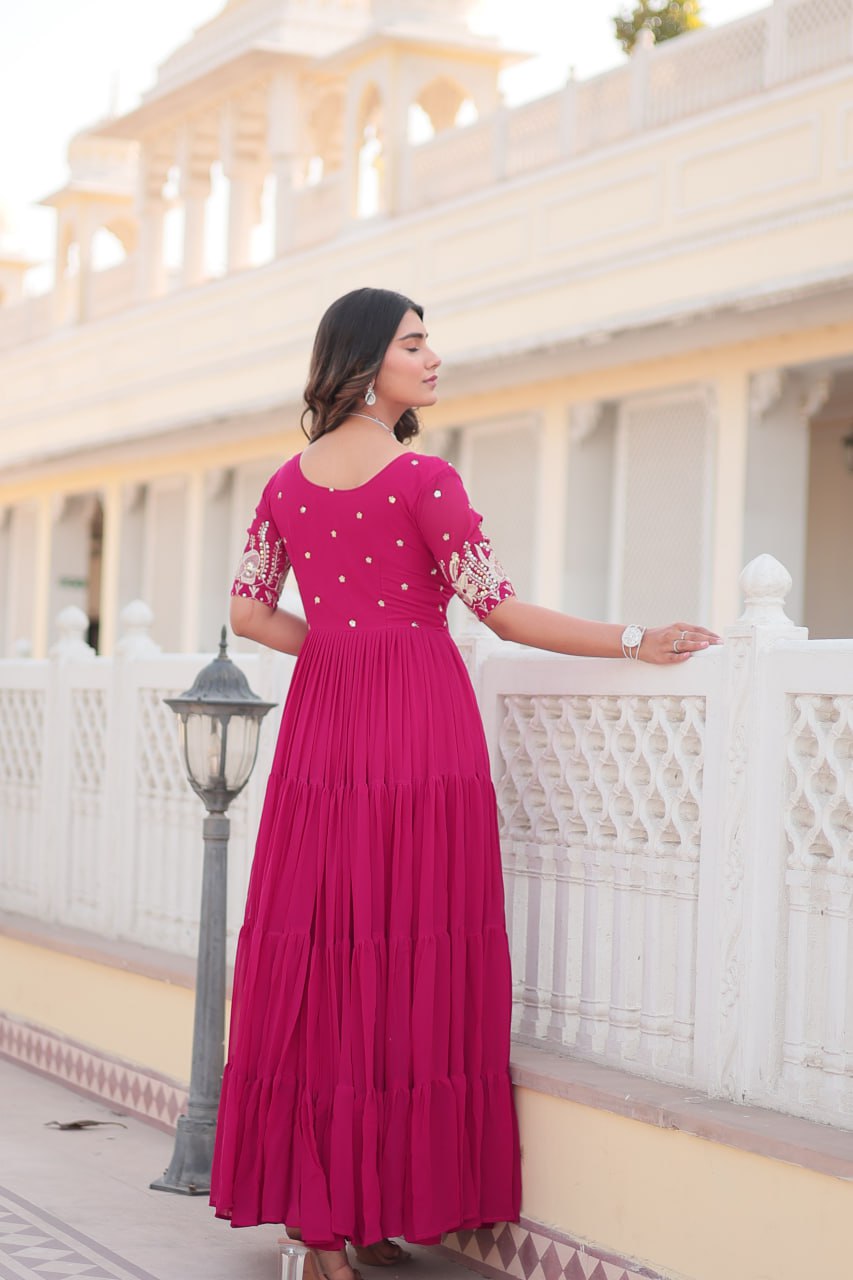 PREMIUM DESIGNER READYMADE PINK GOWN HIGH QUALITY MADE BY ZARI-THREAD & SEQUINS EMBROIDERY