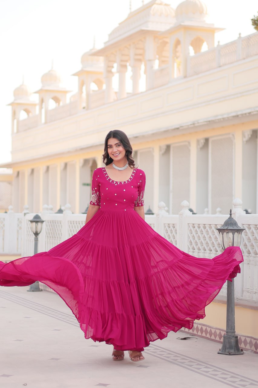 PREMIUM DESIGNER READYMADE PINK GOWN HIGH QUALITY MADE BY ZARI-THREAD & SEQUINS EMBROIDERY