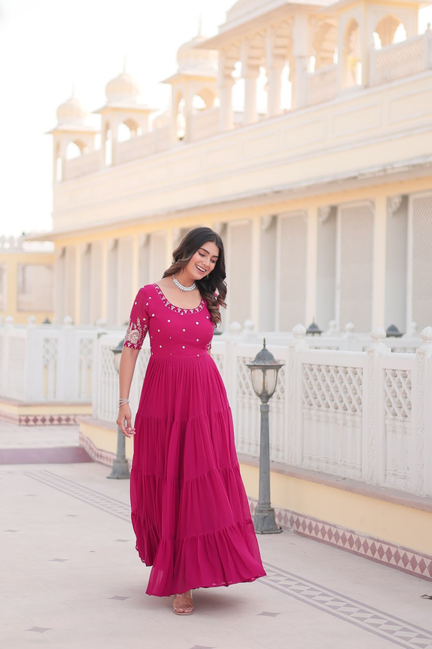 PREMIUM DESIGNER READYMADE PINK GOWN HIGH QUALITY MADE BY ZARI-THREAD & SEQUINS EMBROIDERY