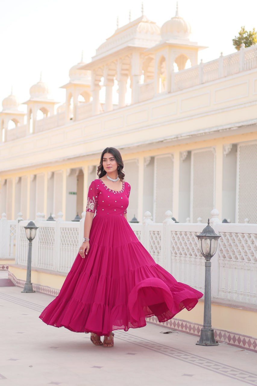 PREMIUM DESIGNER READYMADE PINK GOWN HIGH QUALITY MADE BY ZARI-THREAD & SEQUINS EMBROIDERY