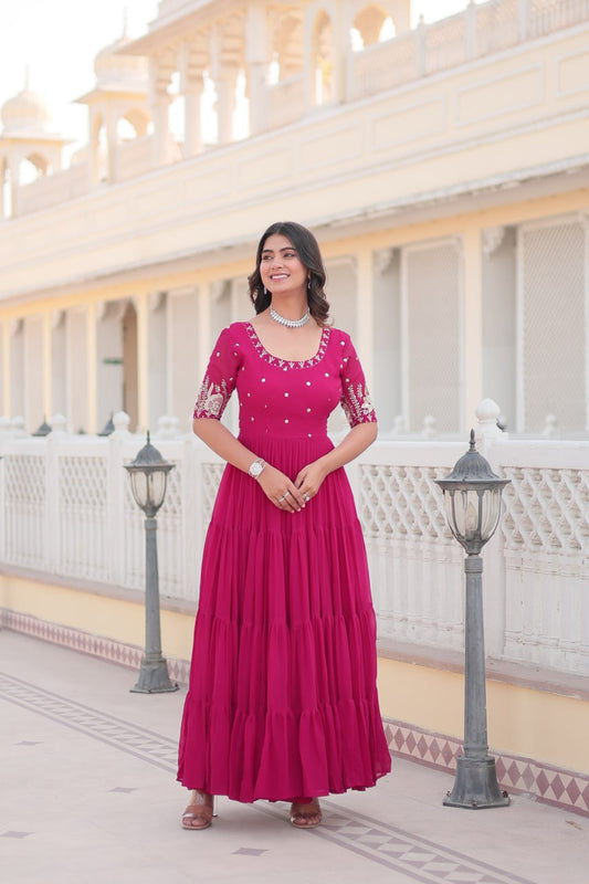 PREMIUM DESIGNER READYMADE PINK GOWN HIGH QUALITY MADE BY ZARI-THREAD & SEQUINS EMBROIDERY