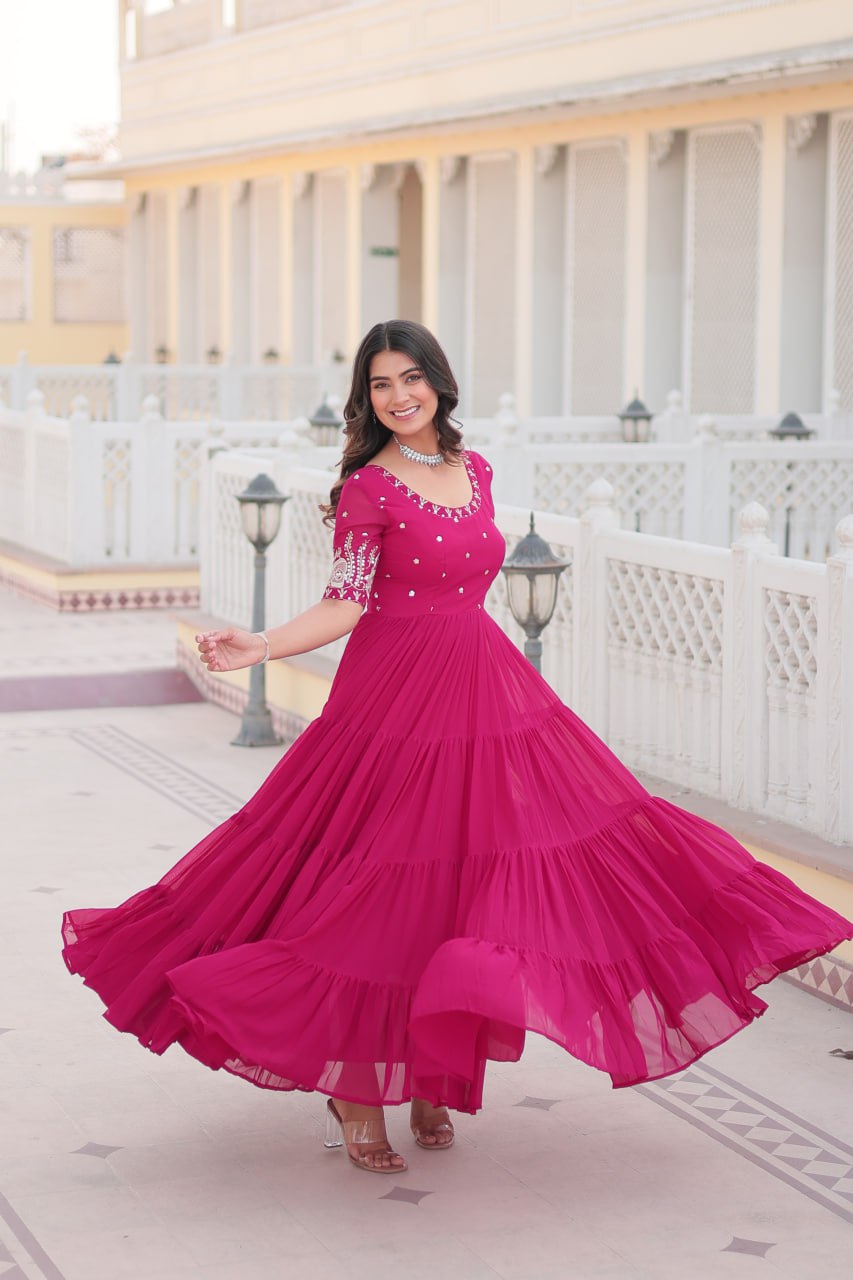 PREMIUM DESIGNER READYMADE PINK GOWN HIGH QUALITY MADE BY ZARI-THREAD & SEQUINS EMBROIDERY