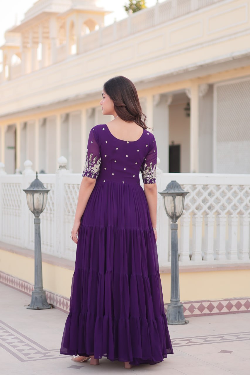 PREMIUM DESIGNER READYMADE PURPLE GOWN HIGH QUALITY MADE BY ZARI-THREAD & SEQUINS EMBROIDERY