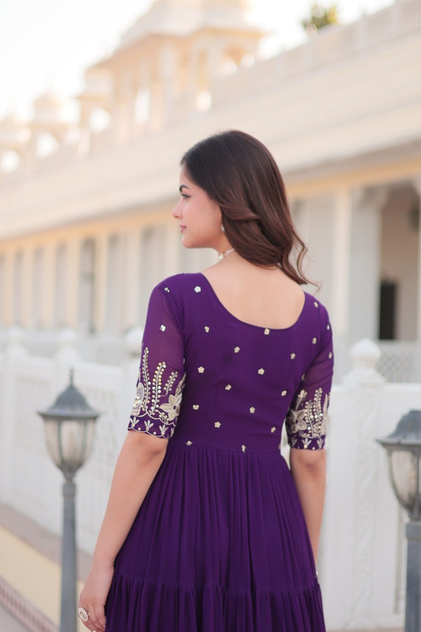 PREMIUM DESIGNER READYMADE PURPLE GOWN HIGH QUALITY MADE BY ZARI-THREAD & SEQUINS EMBROIDERY