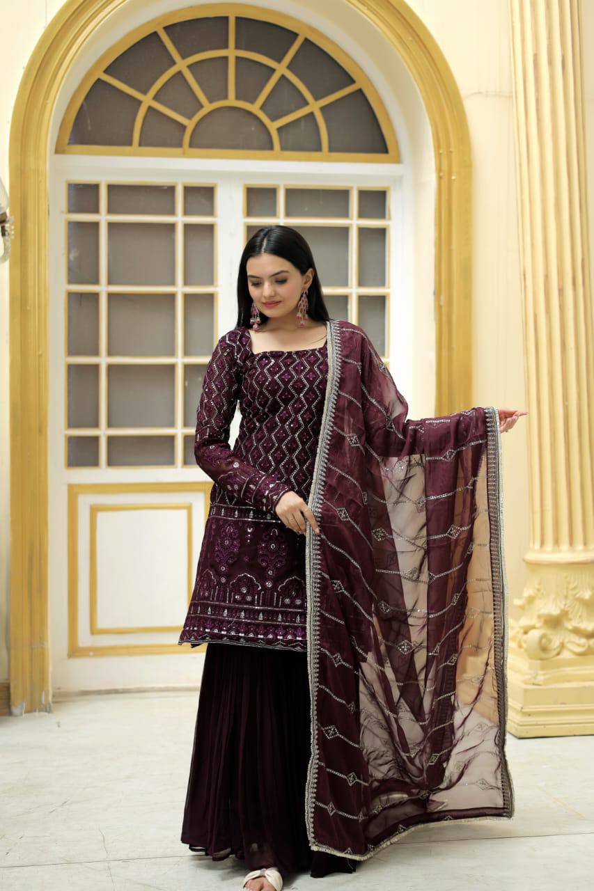 PREMIUM DESIGNER READYMADE PURPLE TOP-SHARARA-DUPATTA COLLECTIONS.