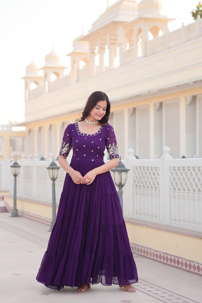 PREMIUM DESIGNER READYMADE PURPLE GOWN HIGH QUALITY MADE BY ZARI-THREAD & SEQUINS EMBROIDERY