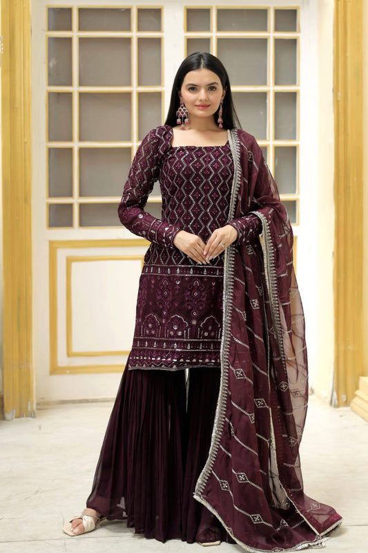 PREMIUM DESIGNER READYMADE PURPLE TOP-SHARARA-DUPATTA COLLECTIONS.