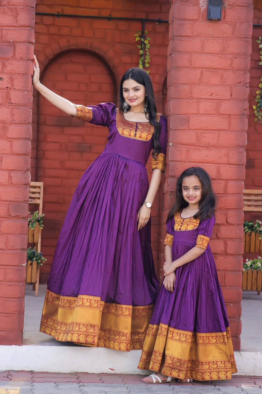 PREMIUM DESIGNER READYMADE MOM-DAUGHTER PURPLE GOWN COLLECTIONS.