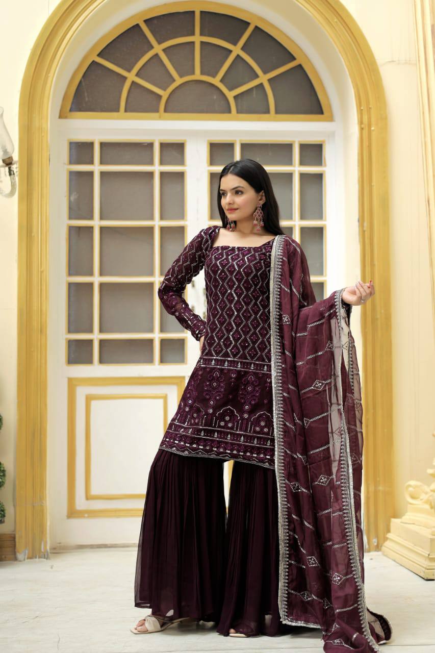 PREMIUM DESIGNER READYMADE PURPLE TOP-SHARARA-DUPATTA COLLECTIONS.