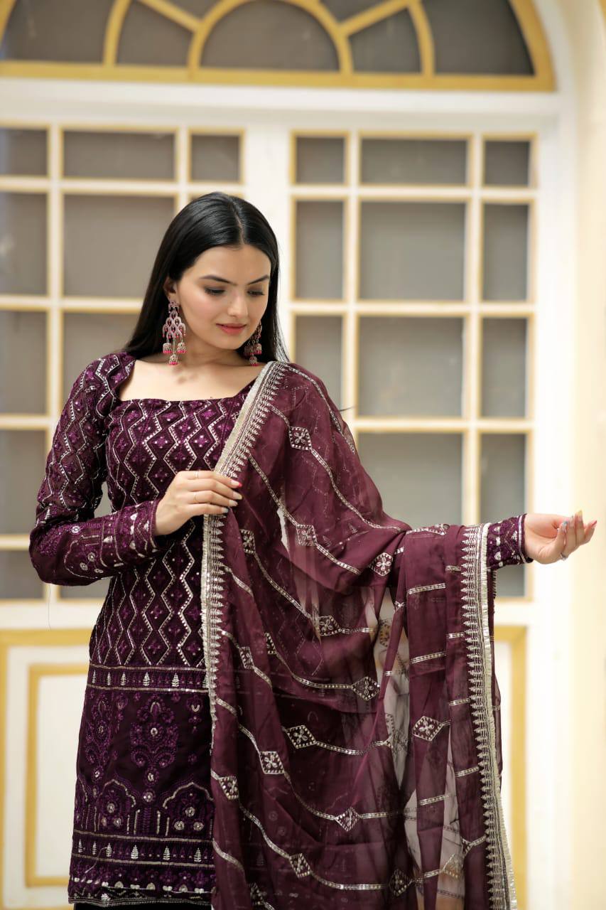 PREMIUM DESIGNER READYMADE PURPLE TOP-SHARARA-DUPATTA COLLECTIONS.