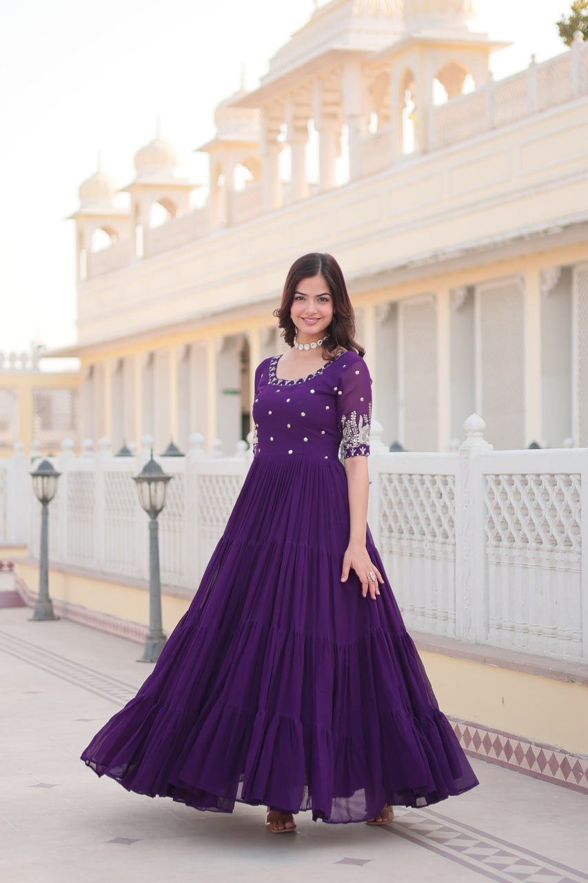 PREMIUM DESIGNER READYMADE PURPLE GOWN HIGH QUALITY MADE BY ZARI-THREAD & SEQUINS EMBROIDERY