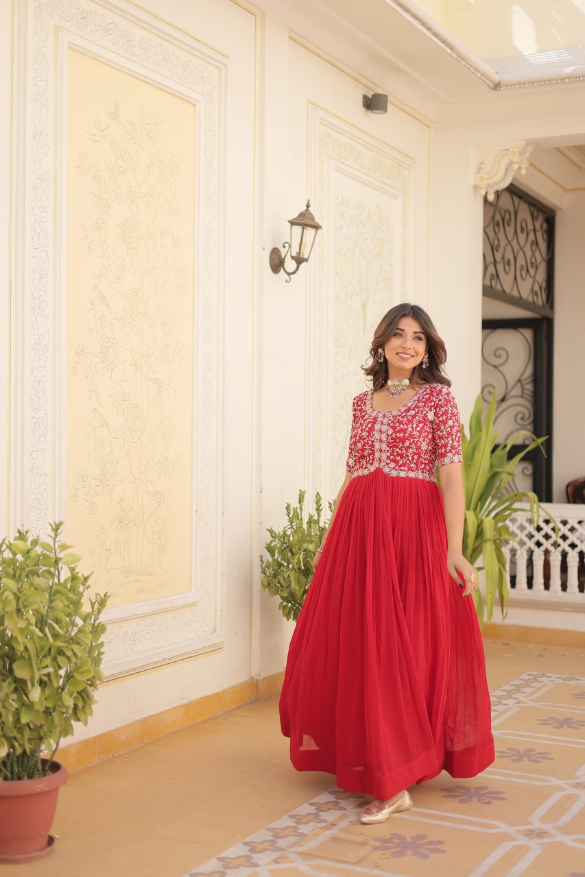 PREMIUM DESIGNER READYMADE RED GOWN HIGH QUALITY MADE BY ZARI-THREAD & SEQUINS EMBROIDERY