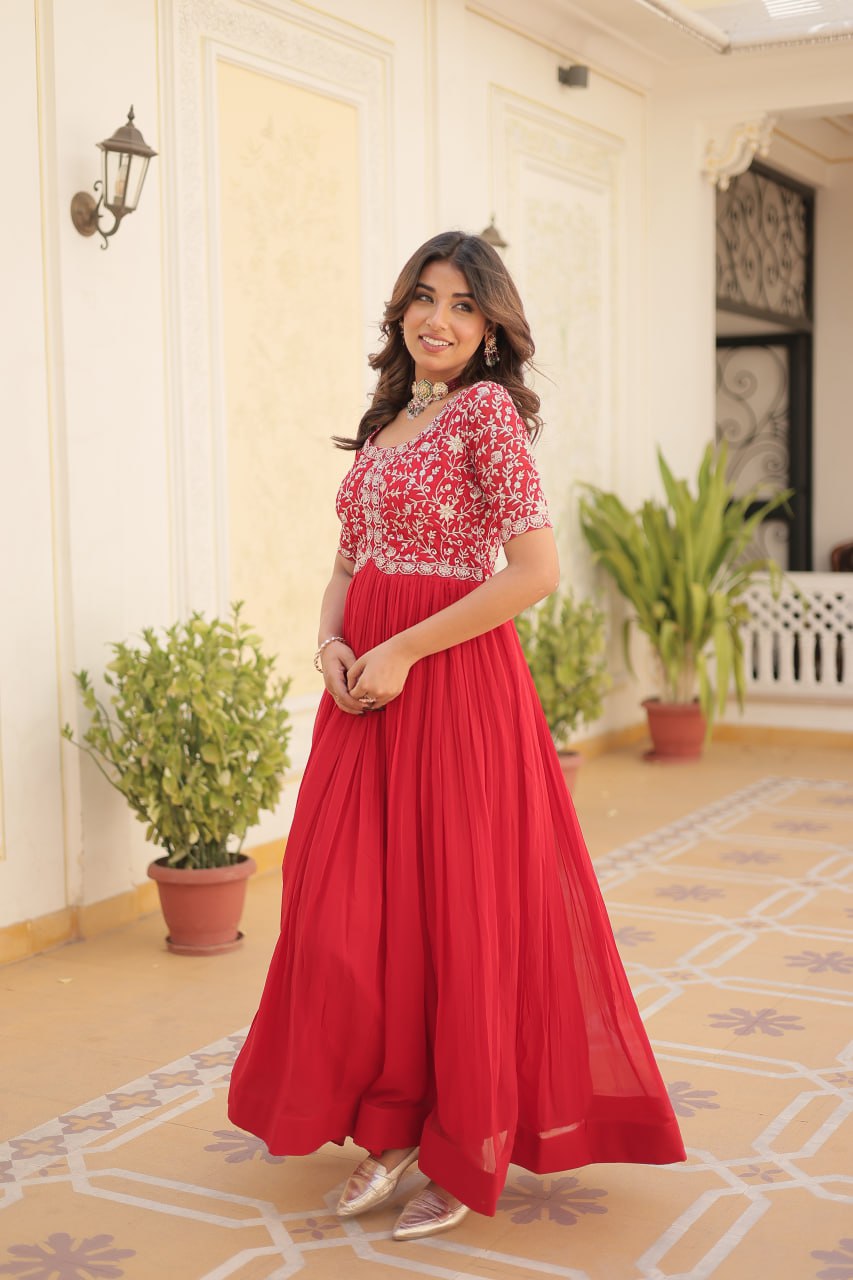 PREMIUM DESIGNER READYMADE RED GOWN HIGH QUALITY MADE BY ZARI-THREAD & SEQUINS EMBROIDERY