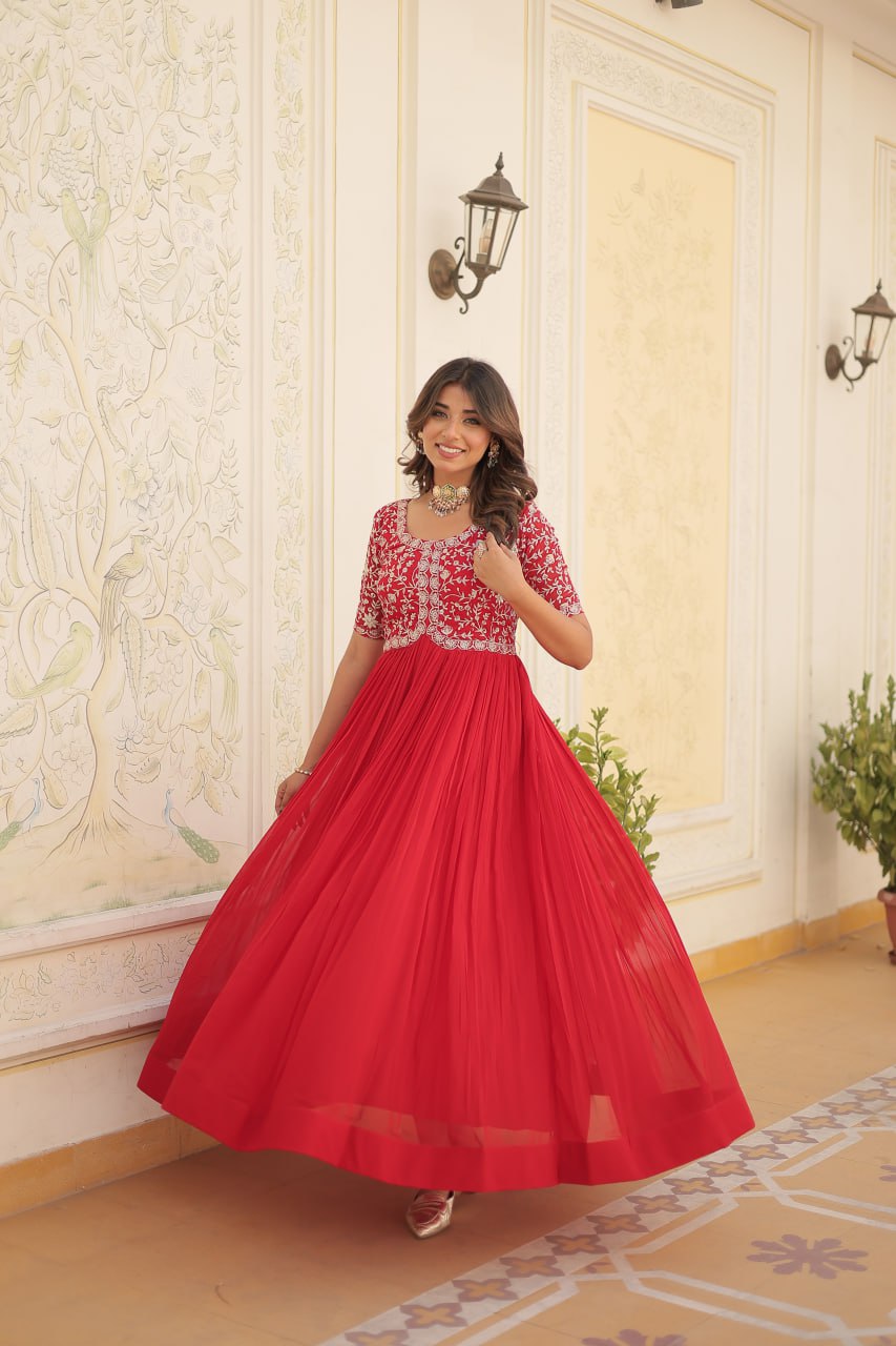 PREMIUM DESIGNER READYMADE RED GOWN HIGH QUALITY MADE BY ZARI-THREAD & SEQUINS EMBROIDERY