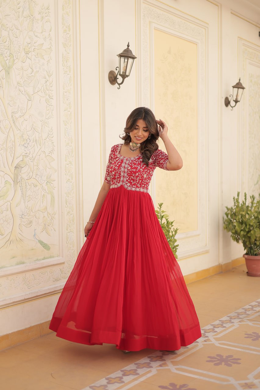 PREMIUM DESIGNER READYMADE RED GOWN HIGH QUALITY MADE BY ZARI-THREAD & SEQUINS EMBROIDERY