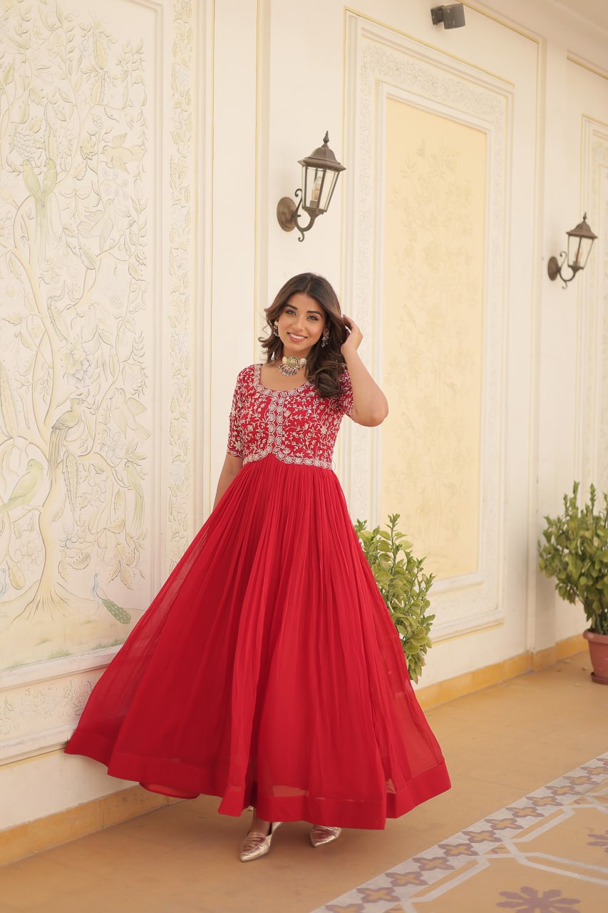 PREMIUM DESIGNER READYMADE RED GOWN HIGH QUALITY MADE BY ZARI-THREAD & SEQUINS EMBROIDERY