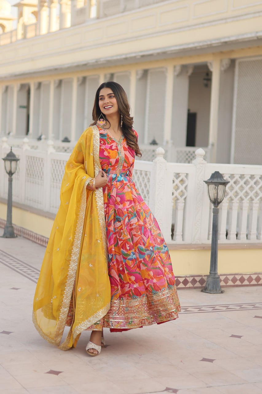 PREMIUM READYMADE REDPINK GOWN WITH DUPATTA DIGITAL PRINTED RUSSIAN SILK WITH  EMBROIDERY ZARI SEQUINS-WORK