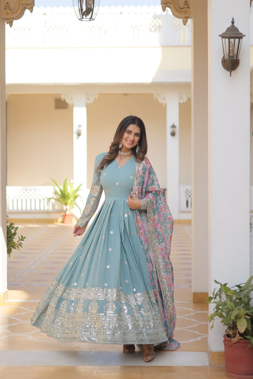 PREMIUM DESIGNER READYMADE SKY-BLUE GOWN COLLECTIONS FAUX GEORGETTE WITH EMBROIDERY ZARI SEQUINS-WORK. 👜