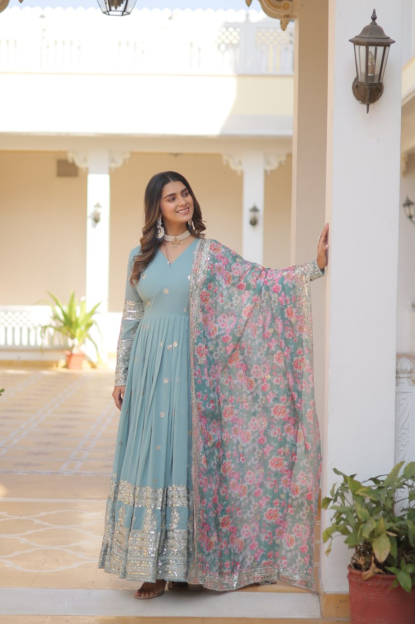 PREMIUM DESIGNER READYMADE SKY-BLUE GOWN COLLECTIONS FAUX GEORGETTE WITH EMBROIDERY ZARI SEQUINS-WORK. 👜