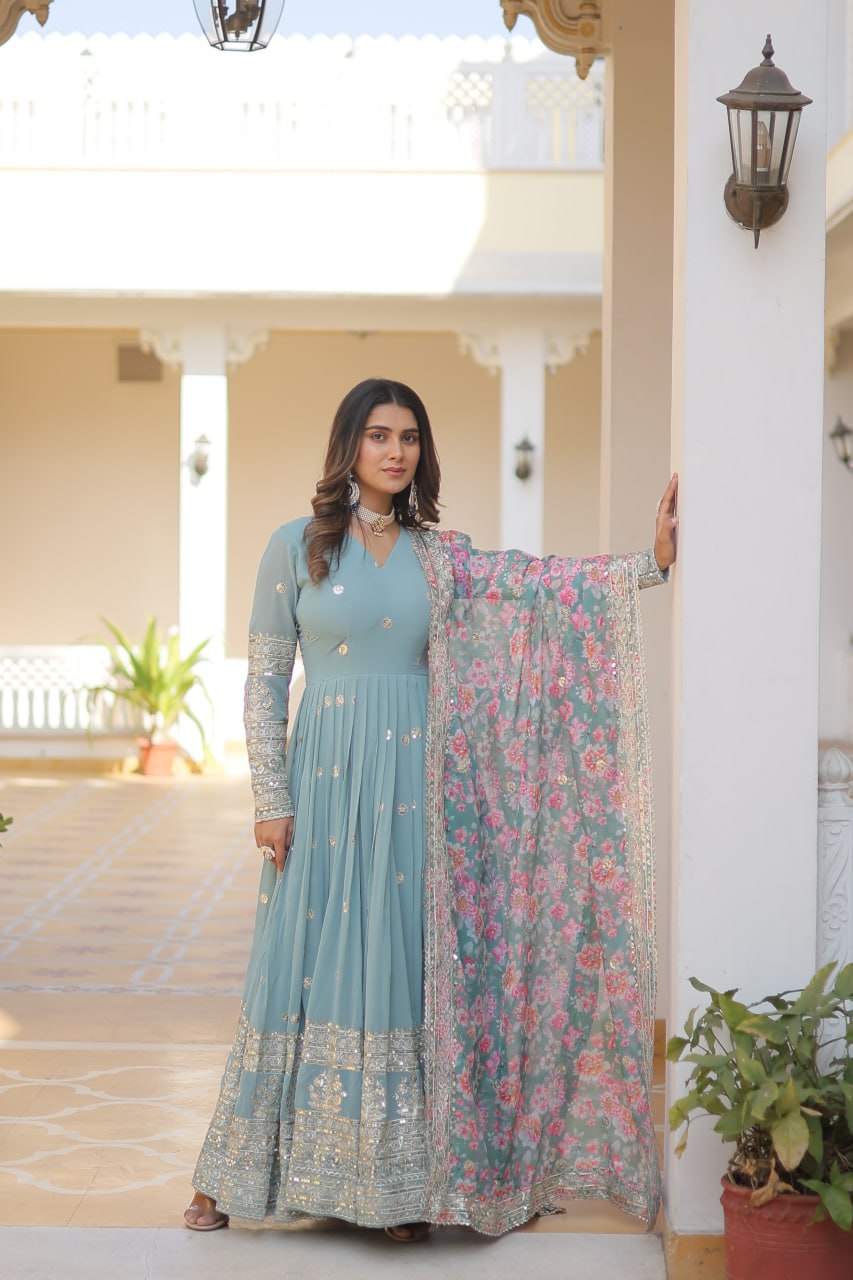 PREMIUM DESIGNER READYMADE SKY-BLUE GOWN COLLECTIONS FAUX GEORGETTE WITH EMBROIDERY ZARI SEQUINS-WORK. 👜