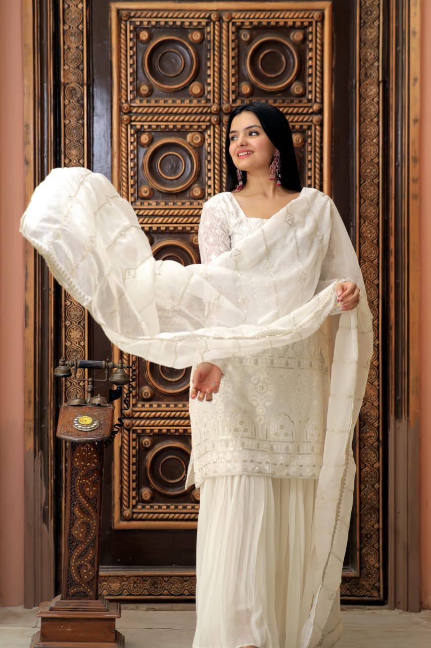 PREMIUM DESIGNER READYMADE WHITE TOP-SHARARA-DUPATTA COLLECTIONS.