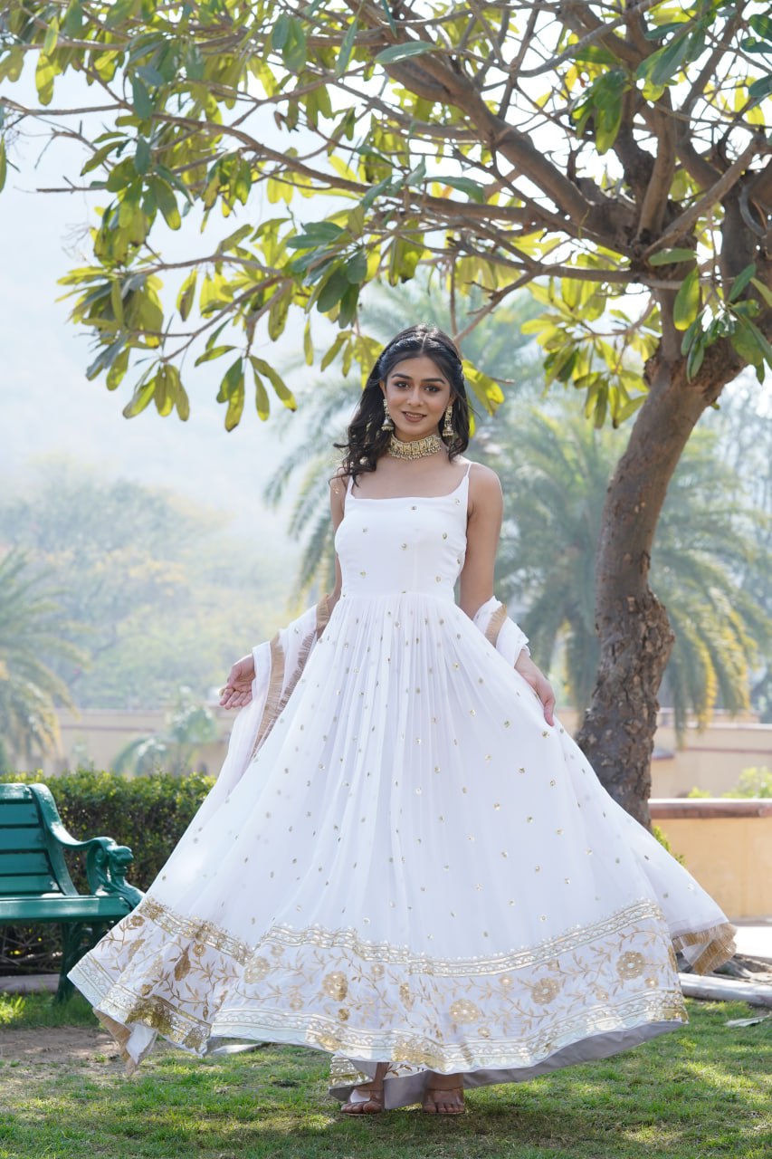 PREMIUM DESIGNER READYMADE WHITE GOWN FAUX BLOOMING WITH SEQUINS EMBROIDERED WORK WITH DESIGNER LACE BORDER