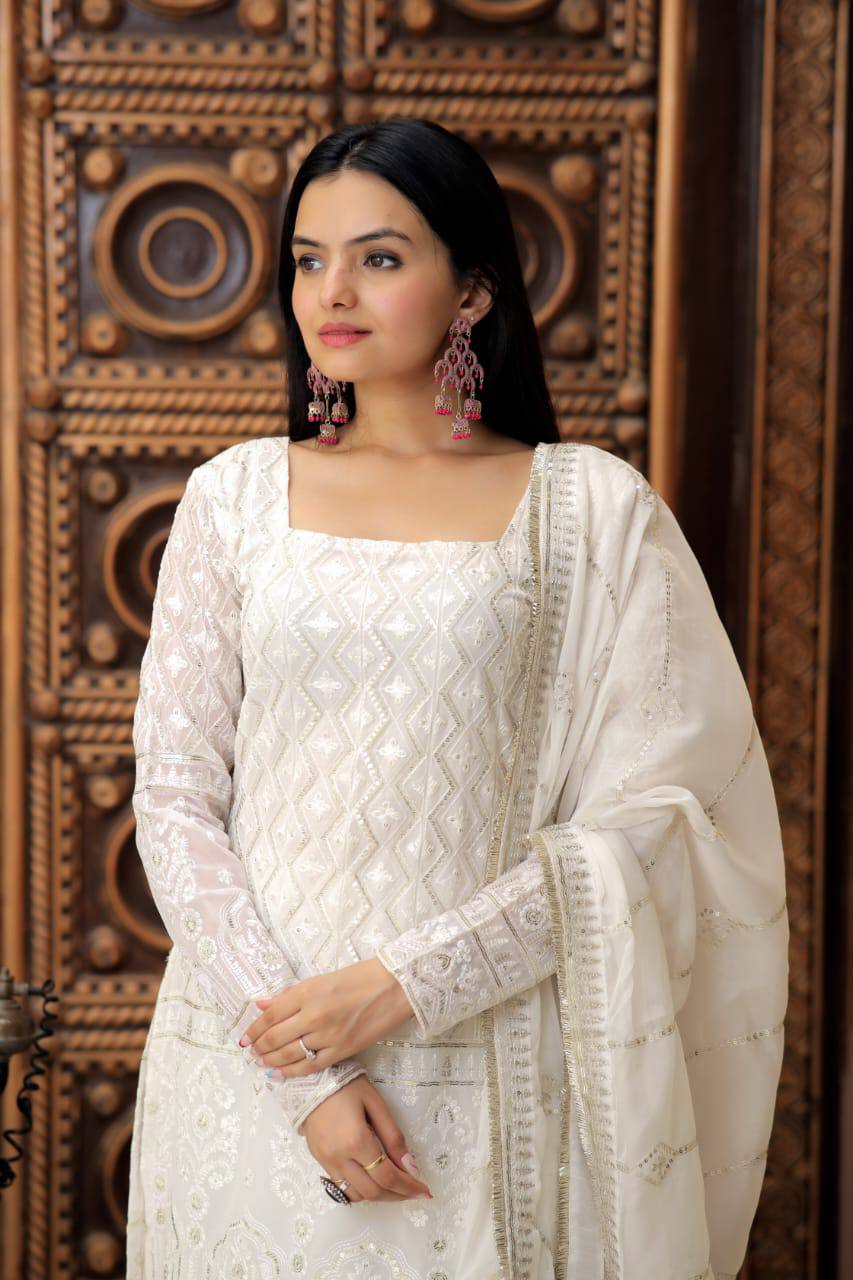 PREMIUM DESIGNER READYMADE WHITE TOP-SHARARA-DUPATTA COLLECTIONS.