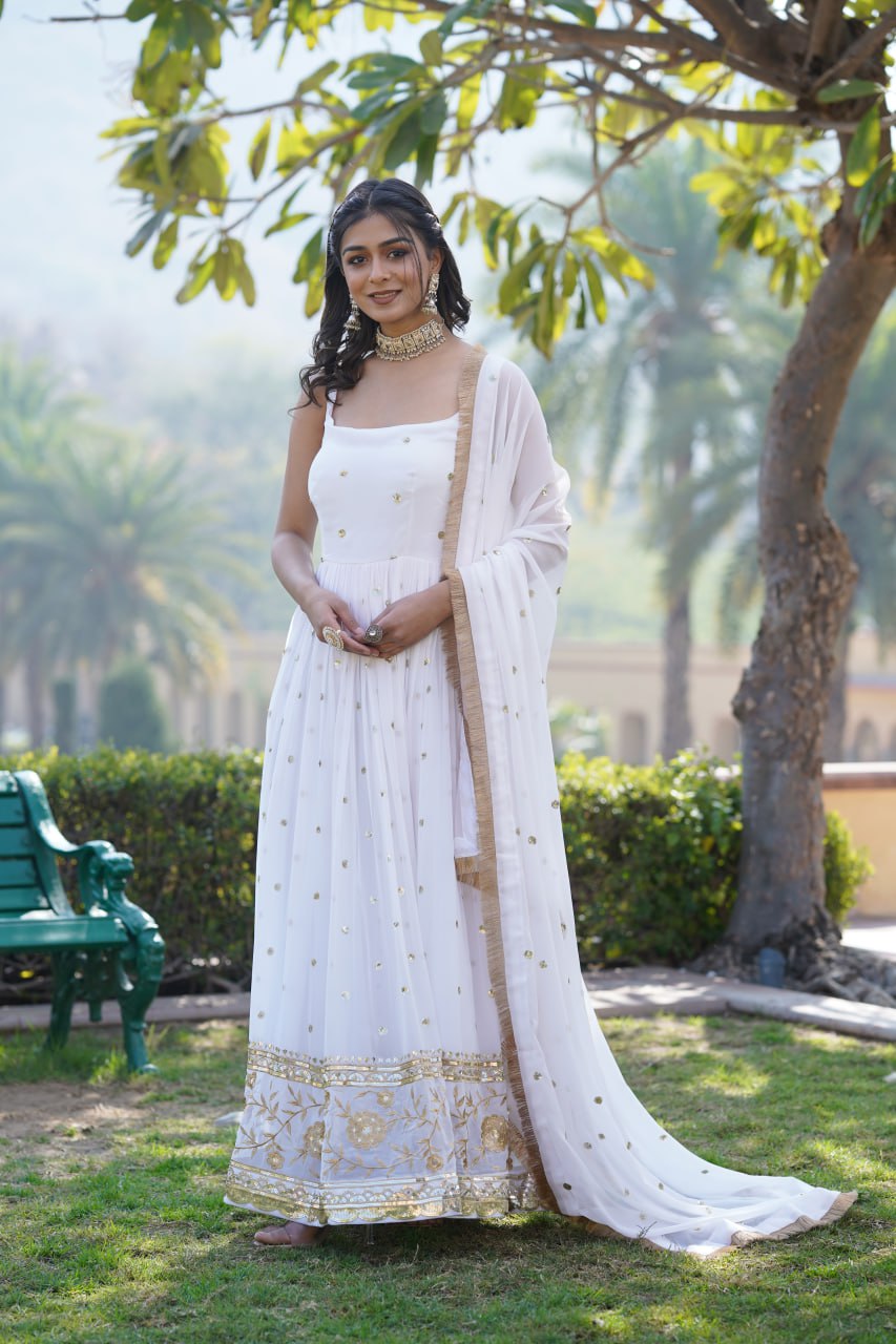 PREMIUM DESIGNER READYMADE WHITE GOWN FAUX BLOOMING WITH SEQUINS EMBROIDERED WORK WITH DESIGNER LACE BORDER