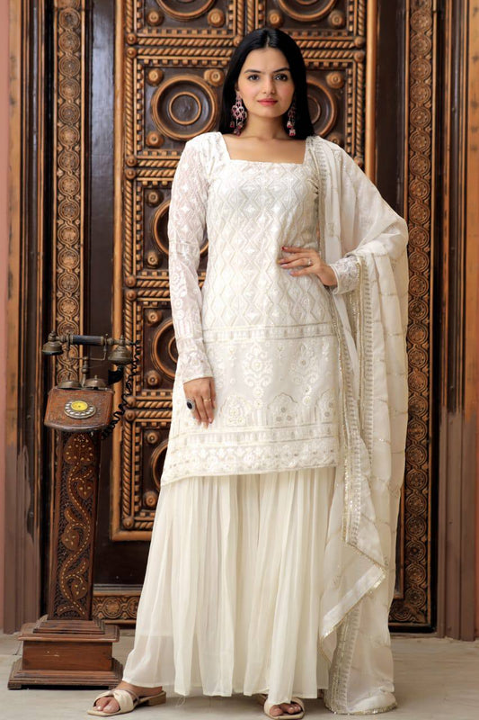 PREMIUM DESIGNER READYMADE WHITE TOP-SHARARA-DUPATTA COLLECTIONS.