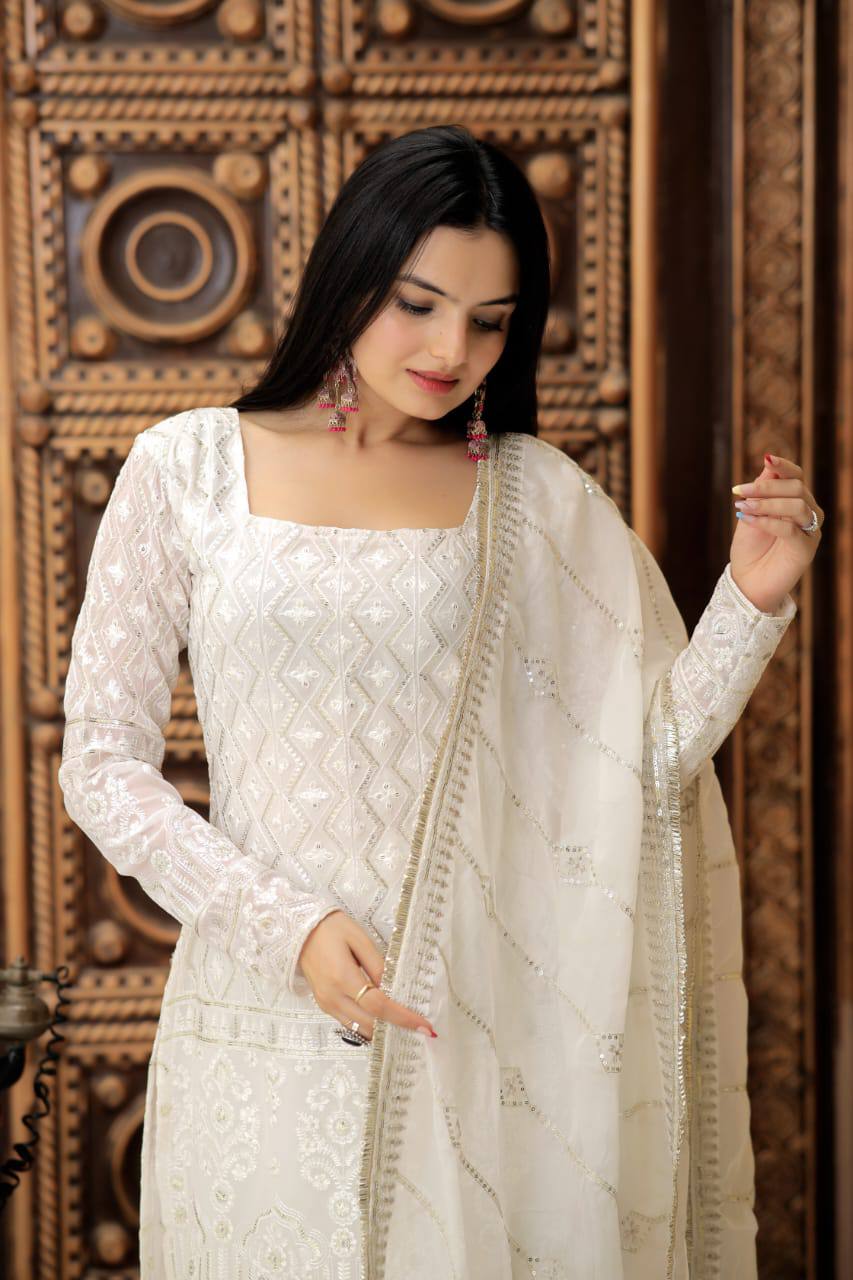 PREMIUM DESIGNER READYMADE WHITE TOP-SHARARA-DUPATTA COLLECTIONS.