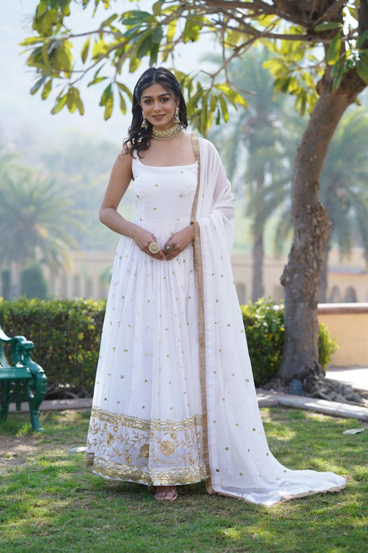 PREMIUM DESIGNER READYMADE WHITE GOWN FAUX BLOOMING WITH SEQUINS EMBROIDERED WORK WITH DESIGNER LACE BORDER