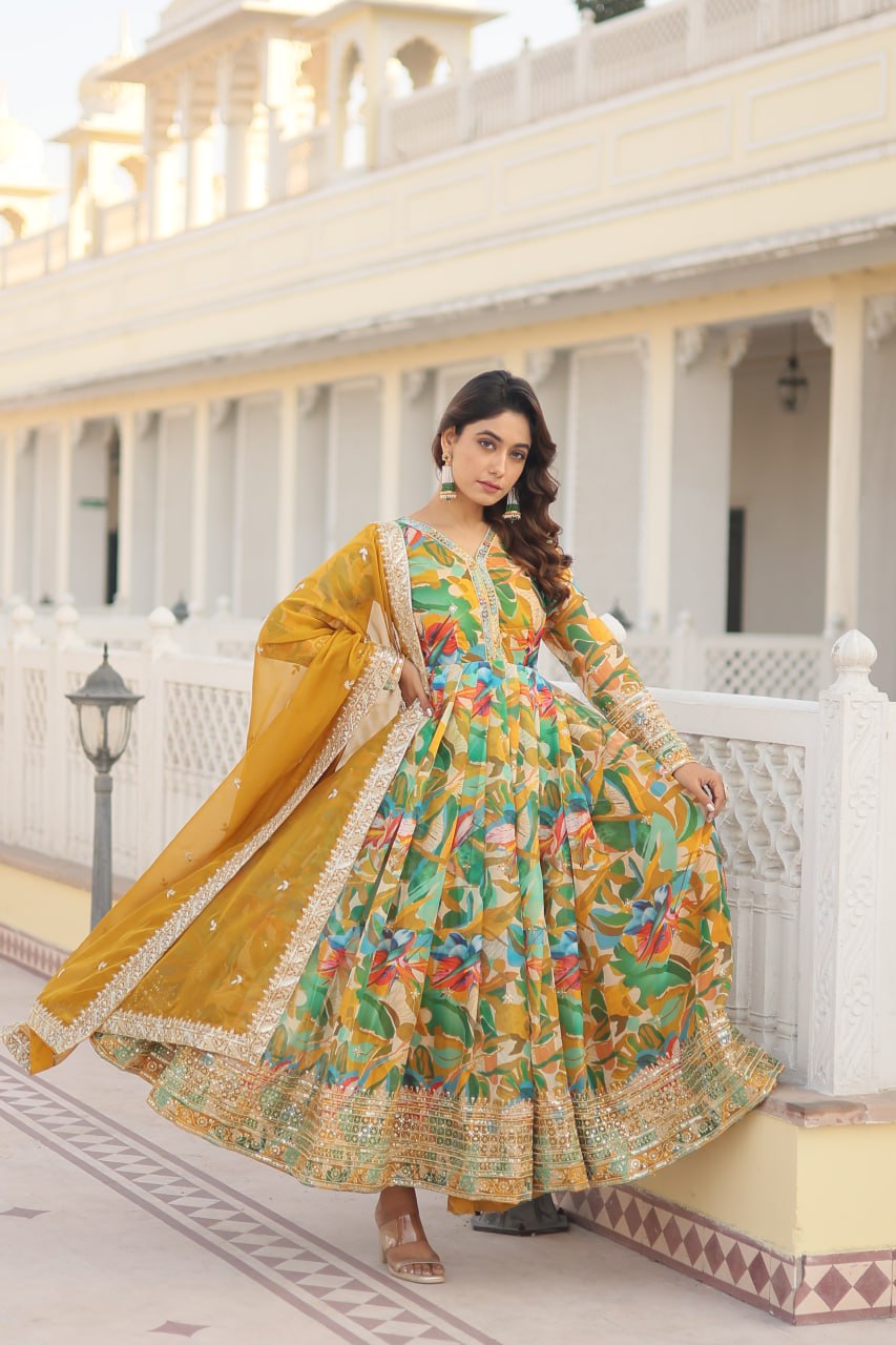 PREMIUM READYMADE YELLOW+GREEN GOWN WITH DUPATTA DIGITAL PRINTED RUSSIAN SILK WITH  EMBROIDERY ZARI SEQUINS-WORK