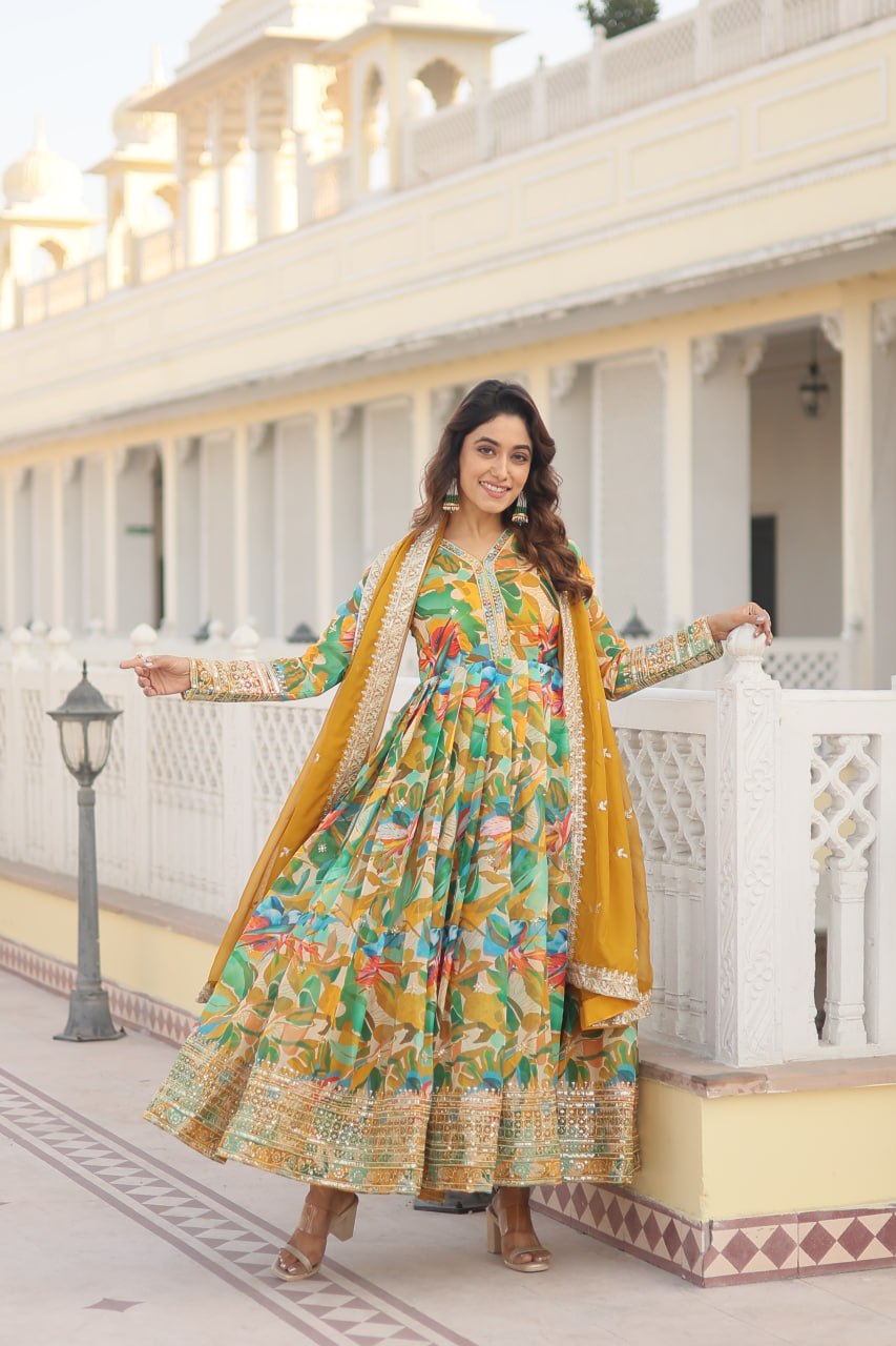 PREMIUM READYMADE YELLOW+GREEN GOWN WITH DUPATTA DIGITAL PRINTED RUSSIAN SILK WITH  EMBROIDERY ZARI SEQUINS-WORK