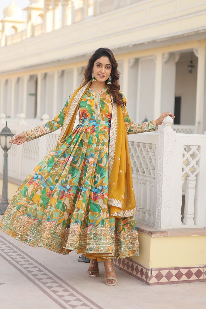 PREMIUM READYMADE YELLOW+GREEN GOWN WITH DUPATTA DIGITAL PRINTED RUSSIAN SILK WITH  EMBROIDERY ZARI SEQUINS-WORK