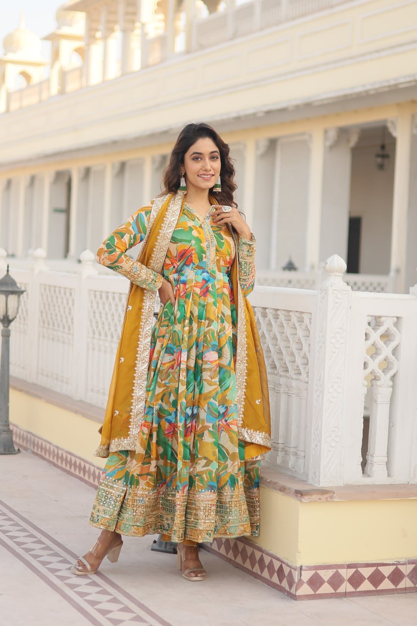 PREMIUM READYMADE YELLOW+GREEN GOWN WITH DUPATTA DIGITAL PRINTED RUSSIAN SILK WITH  EMBROIDERY ZARI SEQUINS-WORK