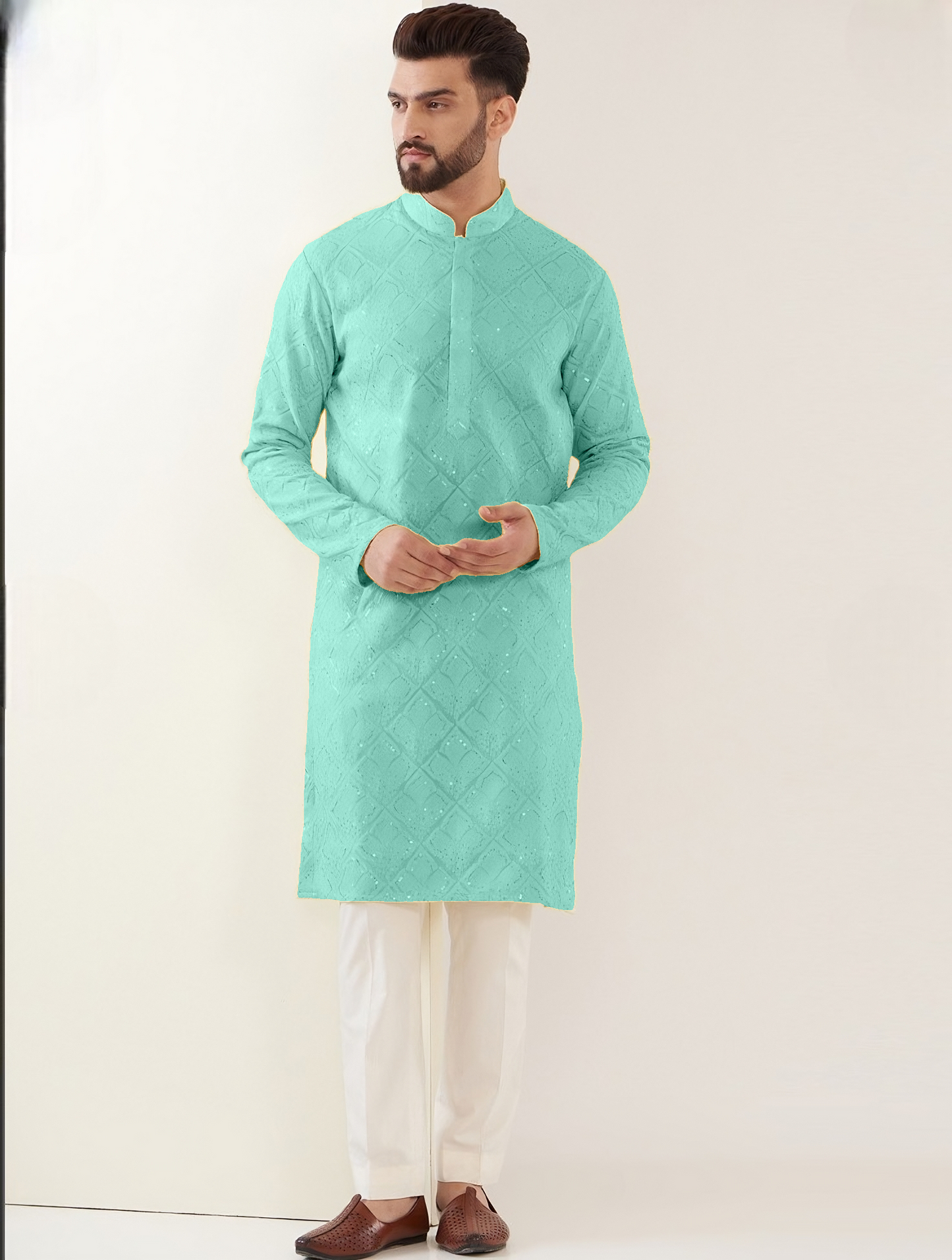 YOURSRK THE LIGHT GREEN SEQUENCE EMBRODERY WORK MENS KURTA