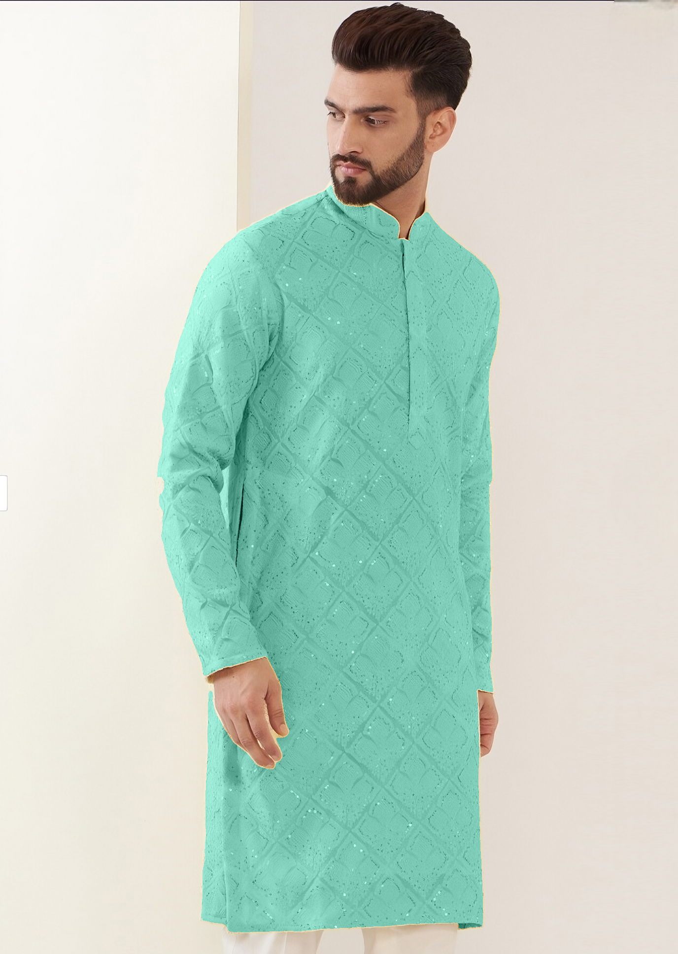 YOURSRK THE LIGHT GREEN SEQUENCE EMBRODERY WORK MENS KURTA