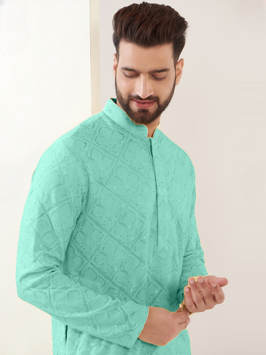 YOURSRK THE LIGHT GREEN SEQUENCE EMBRODERY WORK MENS KURTA