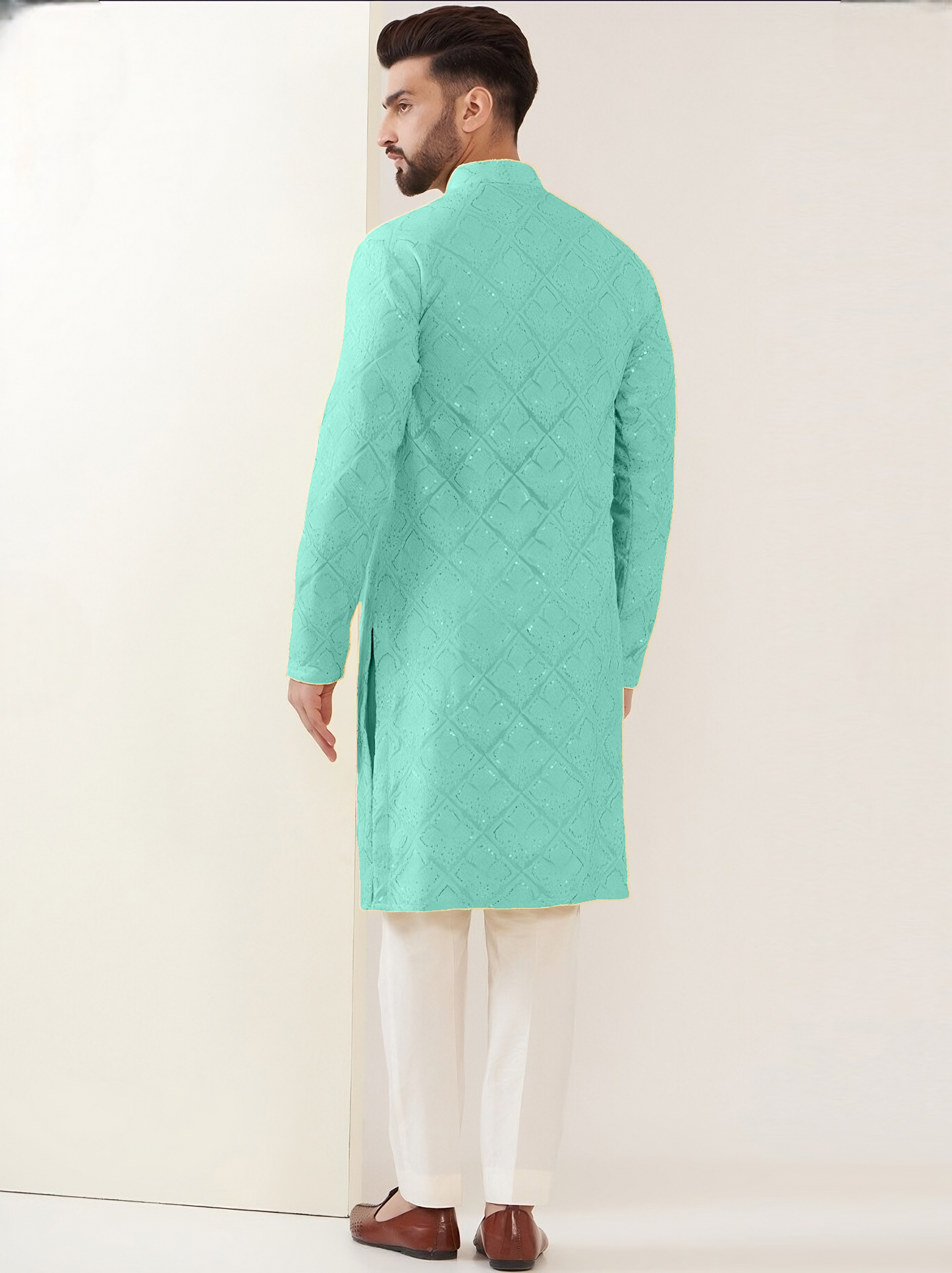 YOURSRK THE LIGHT GREEN SEQUENCE EMBRODERY WORK MENS KURTA