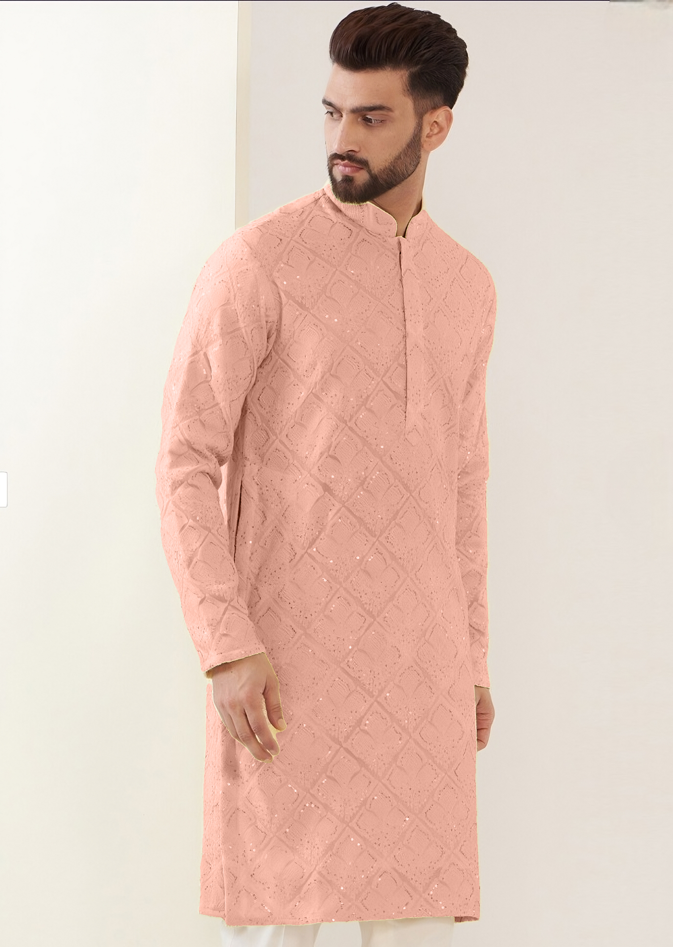 YOURSRK THE LIGHT ORANGE SEQUENCE EMBRODERY WORK MENS KURTA