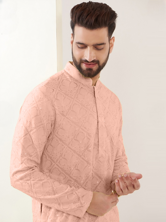 YOURSRK THE LIGHT ORANGE SEQUENCE EMBRODERY WORK MENS KURTA